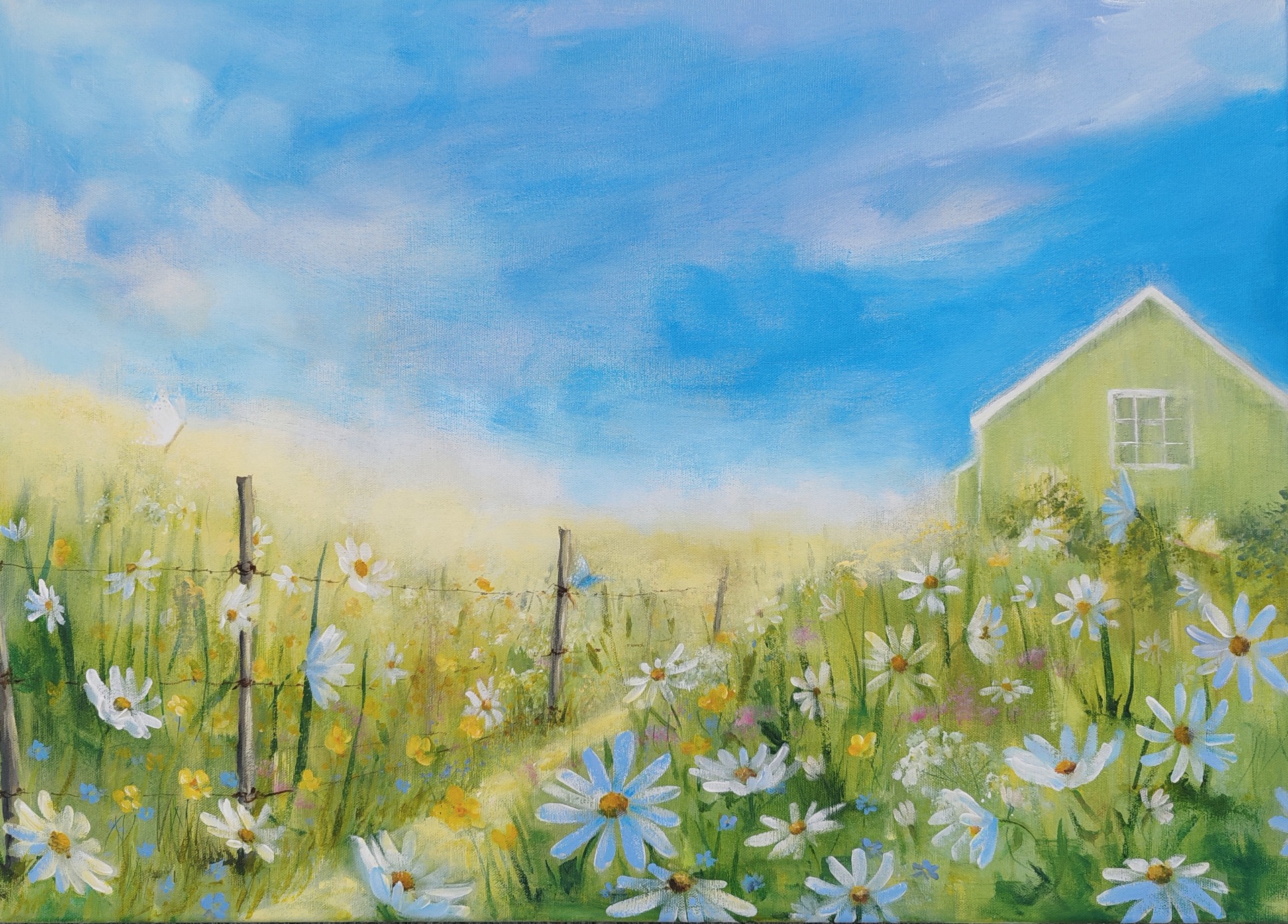 MUMMOLAN TAKAPIHALLA. Akryylimaalaus kankaalle 70x50cm. 280€